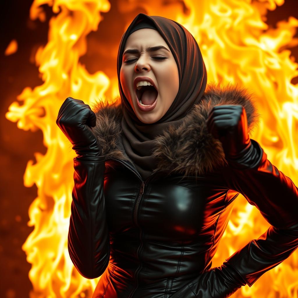 A beautiful young woman wearing a hijab and niqab, dressed in a tight, shiny black leather outfit