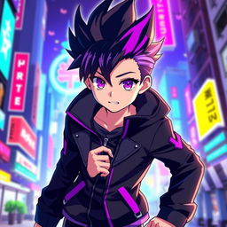 A young anime boy character with striking black and purple hair, styled in a spiky manner to emphasize his energetic personality
