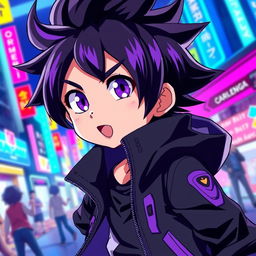 A young anime boy character with striking black and purple hair, styled in a spiky manner to emphasize his energetic personality