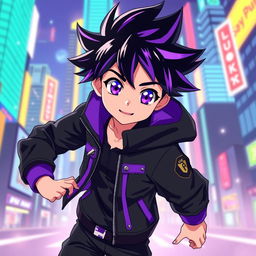 A young anime boy character with striking black and purple hair, styled in a spiky manner to emphasize his energetic personality