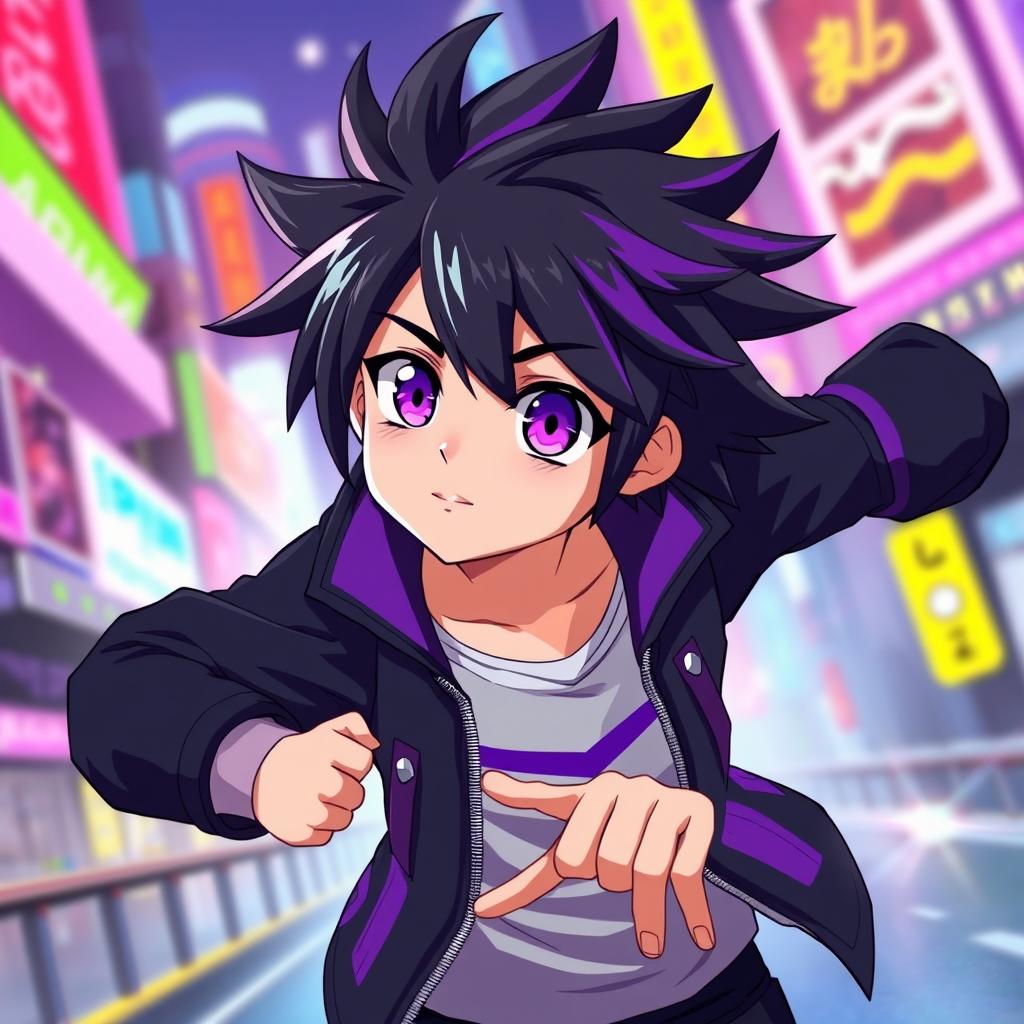 A young anime boy character with striking black and purple hair, styled in a spiky manner to emphasize his energetic personality