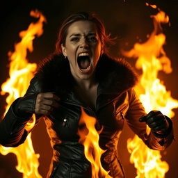 A dramatic scene depicting a woman engulfed in flames while wearing a tight, glossy black leather jacket, complete with a fur collar and leather gloves