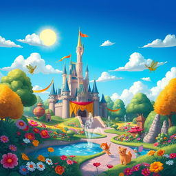 A whimsical and enchanting fantasy landscape inspired by Disney animation, featuring vibrant colors and charming details