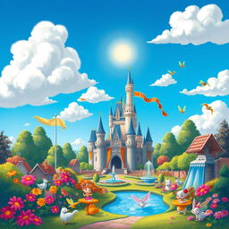 A whimsical and enchanting fantasy landscape inspired by Disney animation, featuring vibrant colors and charming details