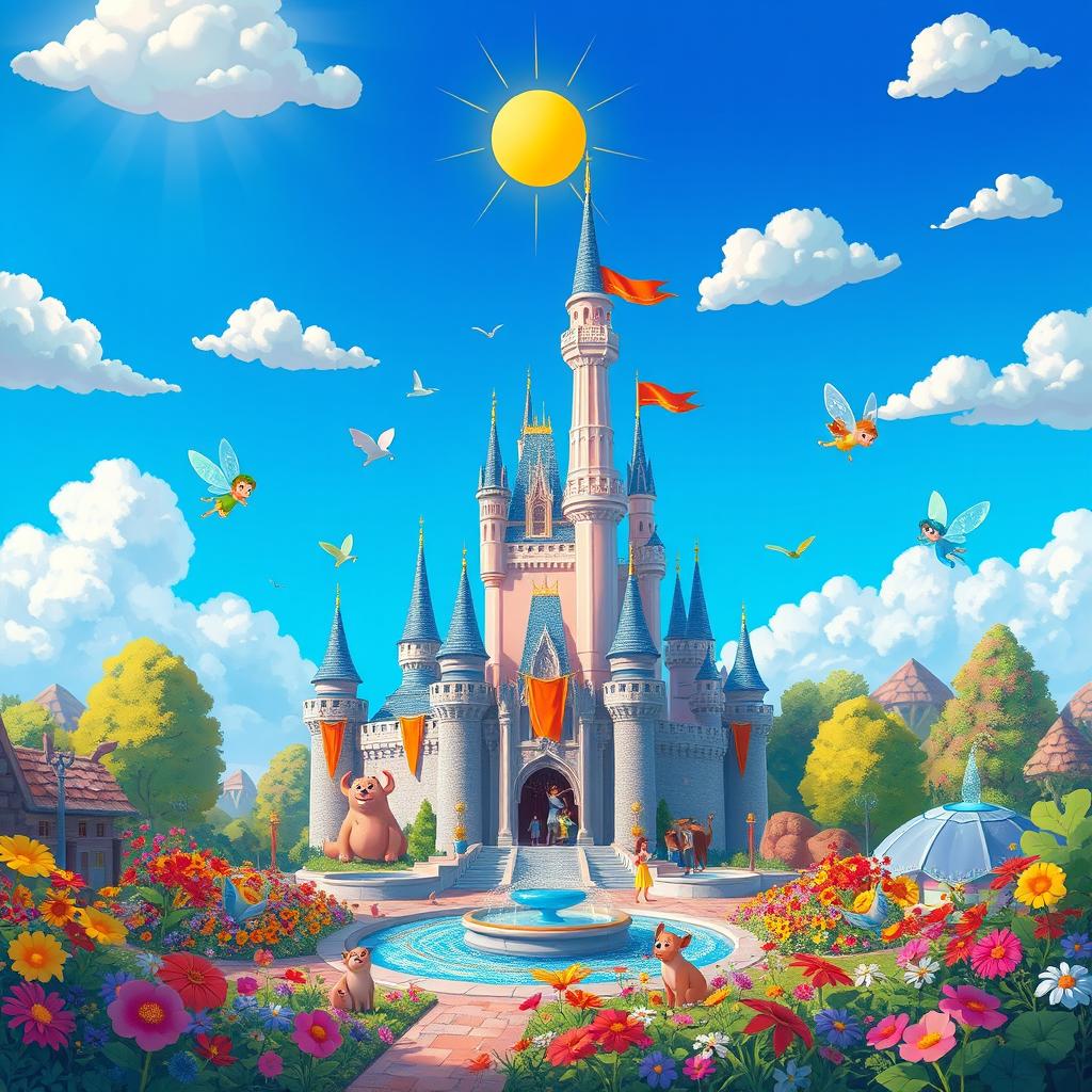 A whimsical and enchanting fantasy landscape inspired by Disney animation, featuring vibrant colors and charming details