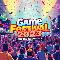 A vibrant and exciting game festival announcement poster, featuring colorful graphics and elements representing various gaming genres such as fantasy, sci-fi, and action