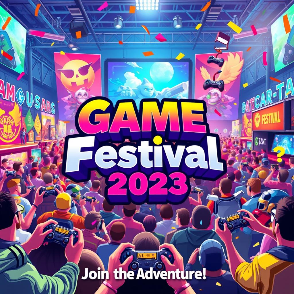 A vibrant and exciting game festival announcement poster, featuring colorful graphics and elements representing various gaming genres such as fantasy, sci-fi, and action