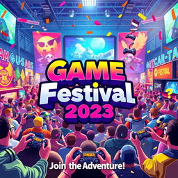 A vibrant and exciting game festival announcement poster, featuring colorful graphics and elements representing various gaming genres such as fantasy, sci-fi, and action