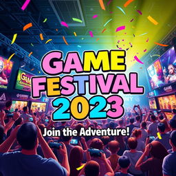 A vibrant and exciting game festival announcement poster, featuring colorful graphics and elements representing various gaming genres such as fantasy, sci-fi, and action