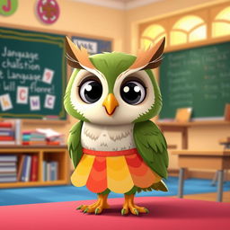 A cute anthropomorphic owl character resembling Junior from Duolingo, dressed in a stylish, colorful skirt