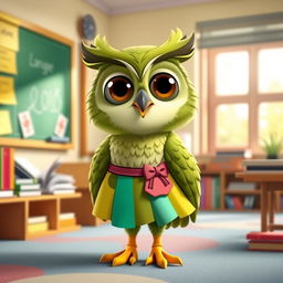 A cute anthropomorphic owl character resembling Junior from Duolingo, dressed in a stylish, colorful skirt