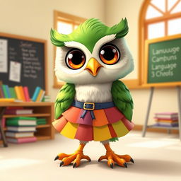 A cute anthropomorphic owl character resembling Junior from Duolingo, dressed in a stylish, colorful skirt