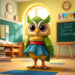 A cute anthropomorphic owl character resembling Junior from Duolingo, dressed in a stylish, colorful skirt