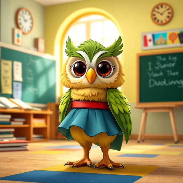 A cute anthropomorphic owl character resembling Junior from Duolingo, dressed in a stylish, colorful skirt
