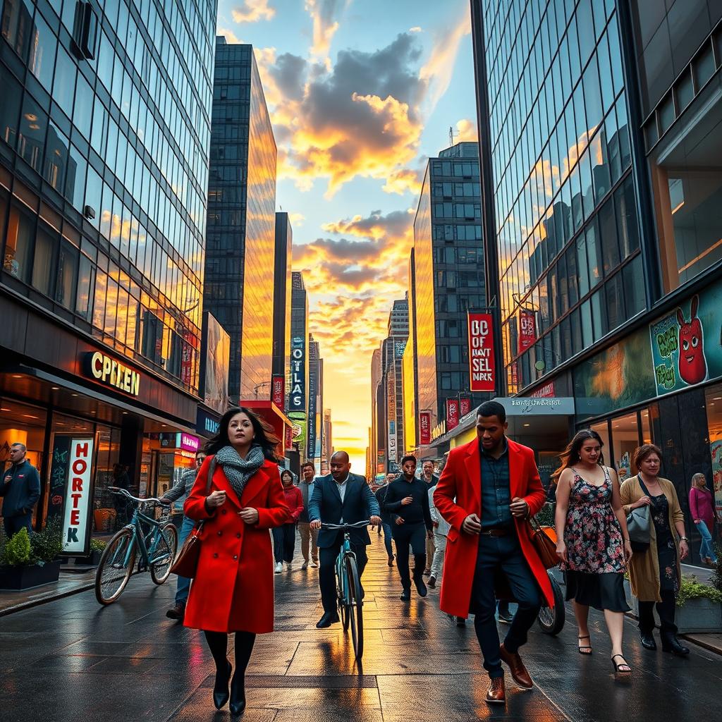 A vibrant city street at dusk filled with busy pedestrians, each uniquely styled in eclectic fashion