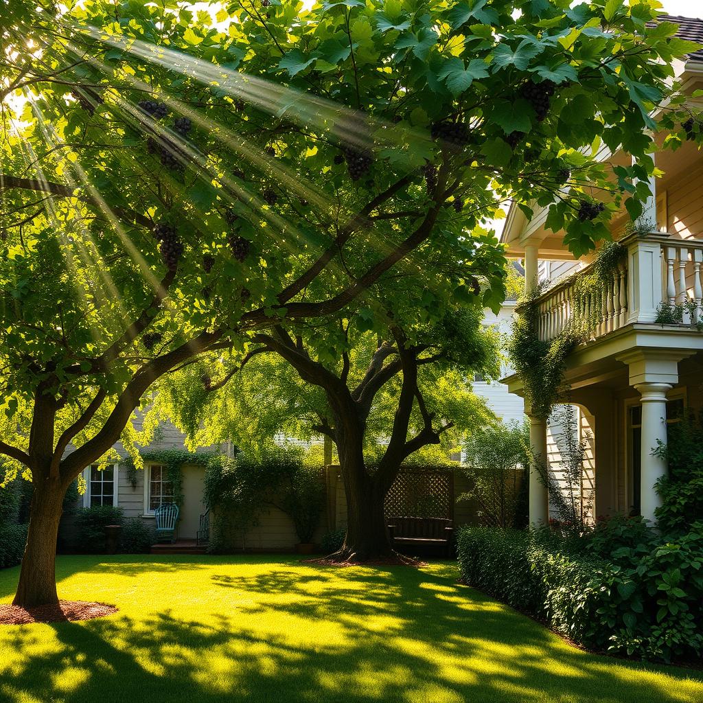A warm and nostalgic scene of a childhood home, featuring a charming square yard covered by a wild grape tree that creates a lush green canopy overhead