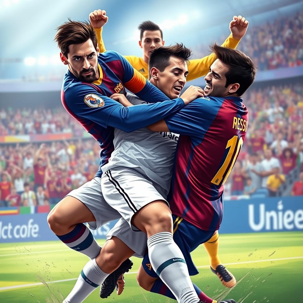 A vibrant and dynamic digital illustration of a fictional soccer scene involving famous players Lionel Messi and Cristiano Ronaldo in an action-packed fight