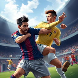 A vibrant and dynamic digital illustration of a fictional soccer scene involving famous players Lionel Messi and Cristiano Ronaldo in an action-packed fight