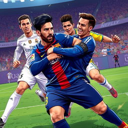 A vibrant and dynamic digital illustration of a fictional soccer scene involving famous players Lionel Messi and Cristiano Ronaldo in an action-packed fight