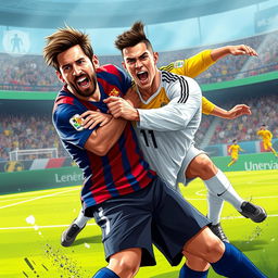 A vibrant and dynamic digital illustration of a fictional soccer scene involving famous players Lionel Messi and Cristiano Ronaldo in an action-packed fight