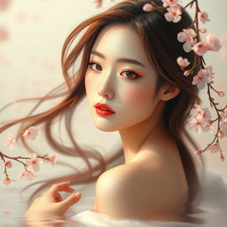 A serene artistic representation of an Asian woman gracefully posed in an elegant and peaceful environment