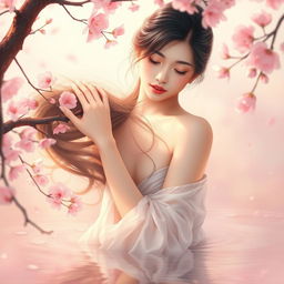 A serene artistic representation of an Asian woman gracefully posed in an elegant and peaceful environment