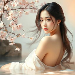 A serene artistic representation of an Asian woman gracefully posed in an elegant and peaceful environment