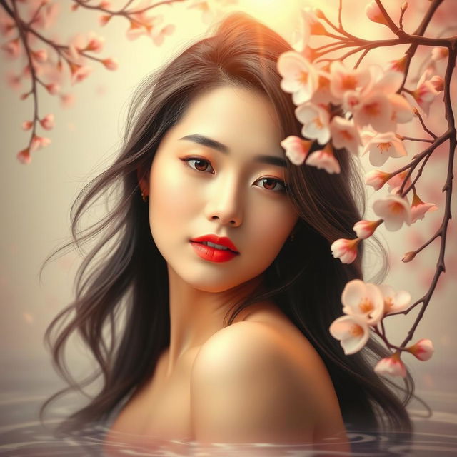 A serene artistic representation of an Asian woman gracefully posed in an elegant and peaceful environment