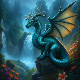 A fantastical creature named Galnash, resembling a large, majestic dragon with shimmering scales that reflect shades of emerald green and sapphire blue