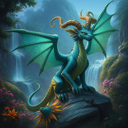 A fantastical creature named Galnash, resembling a large, majestic dragon with shimmering scales that reflect shades of emerald green and sapphire blue