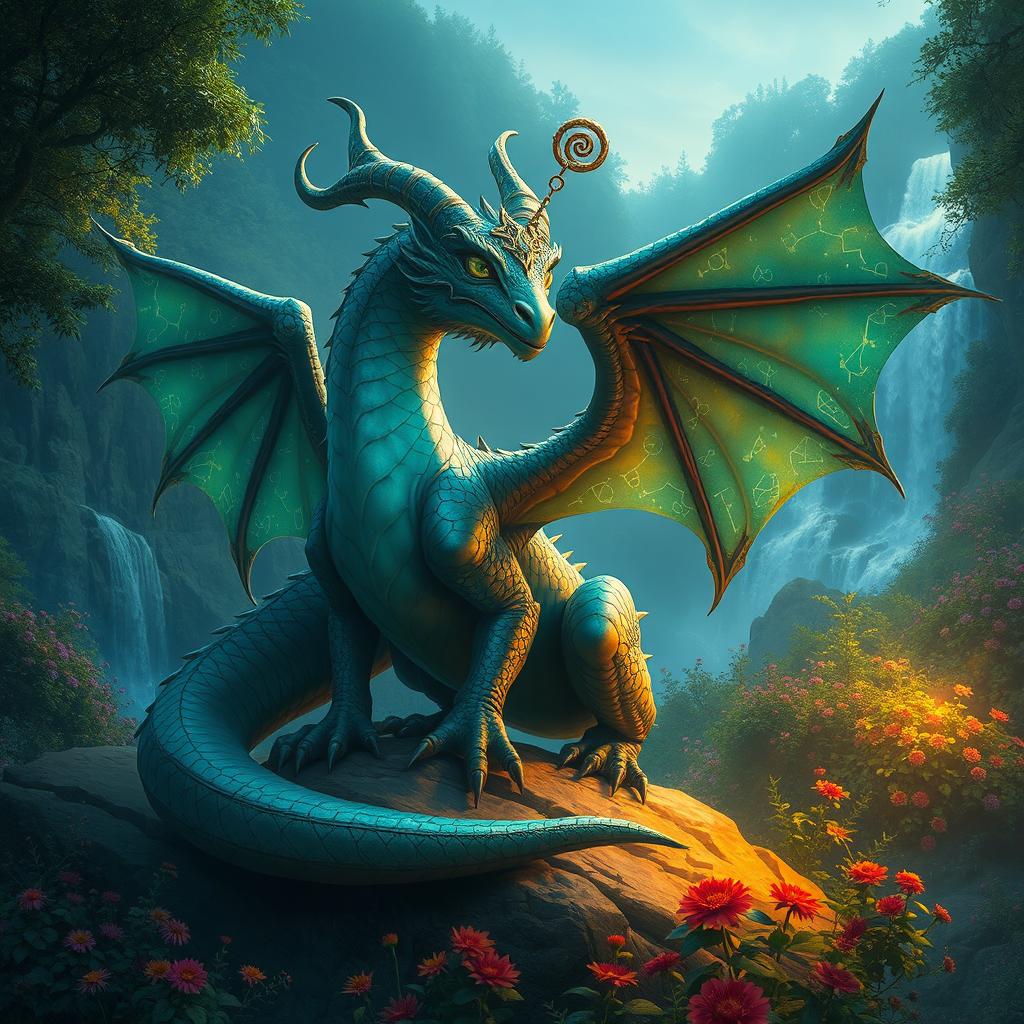 A fantastical creature named Galnash, resembling a large, majestic dragon with shimmering scales that reflect shades of emerald green and sapphire blue