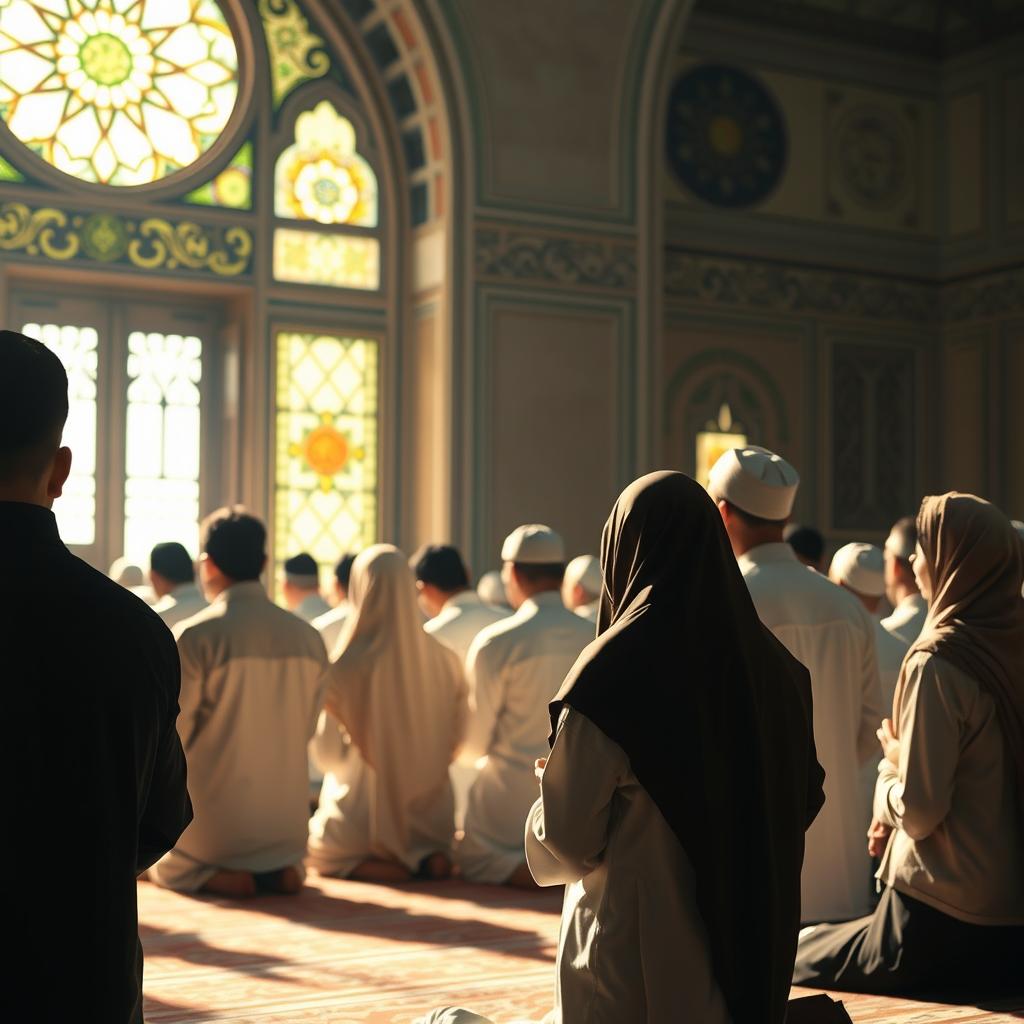 A serene and respectful depiction of Muslim individuals engaged in prayer, showcasing a diverse group of men and women in traditional attire