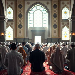 A serene and respectful depiction of Muslim individuals engaged in prayer, showcasing a diverse group of men and women in traditional attire