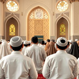 A serene and respectful depiction of Muslim individuals engaged in prayer, showcasing a diverse group of men and women in traditional attire