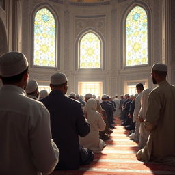 A serene and respectful depiction of Muslim individuals engaged in prayer, showcasing a diverse group of men and women in traditional attire