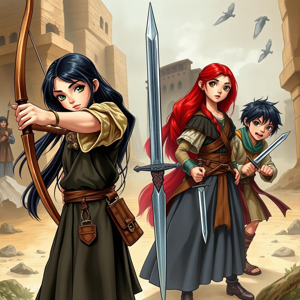 A captivating book cover illustration featuring a teenage girl with striking green eyes and long black hair, dressed in historical attire from ancient times, drawing a bow and arrow as if aiming at a target