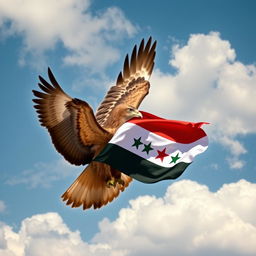 A majestic eagle soaring through the sky, holding in its talons a vibrant new Syrian flag