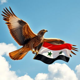 A majestic eagle soaring through the sky, holding in its talons a vibrant new Syrian flag