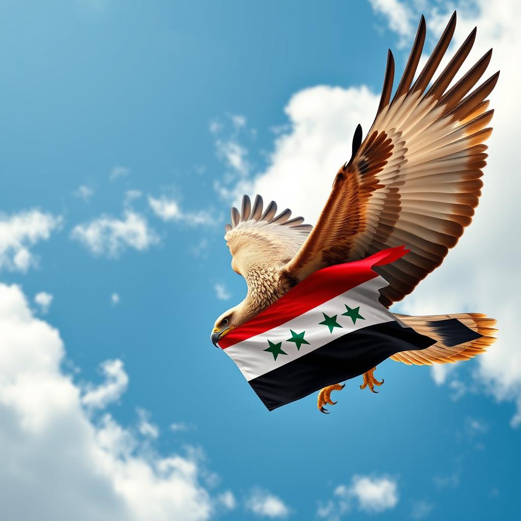 A majestic eagle soaring through the sky, holding in its talons a vibrant new Syrian flag