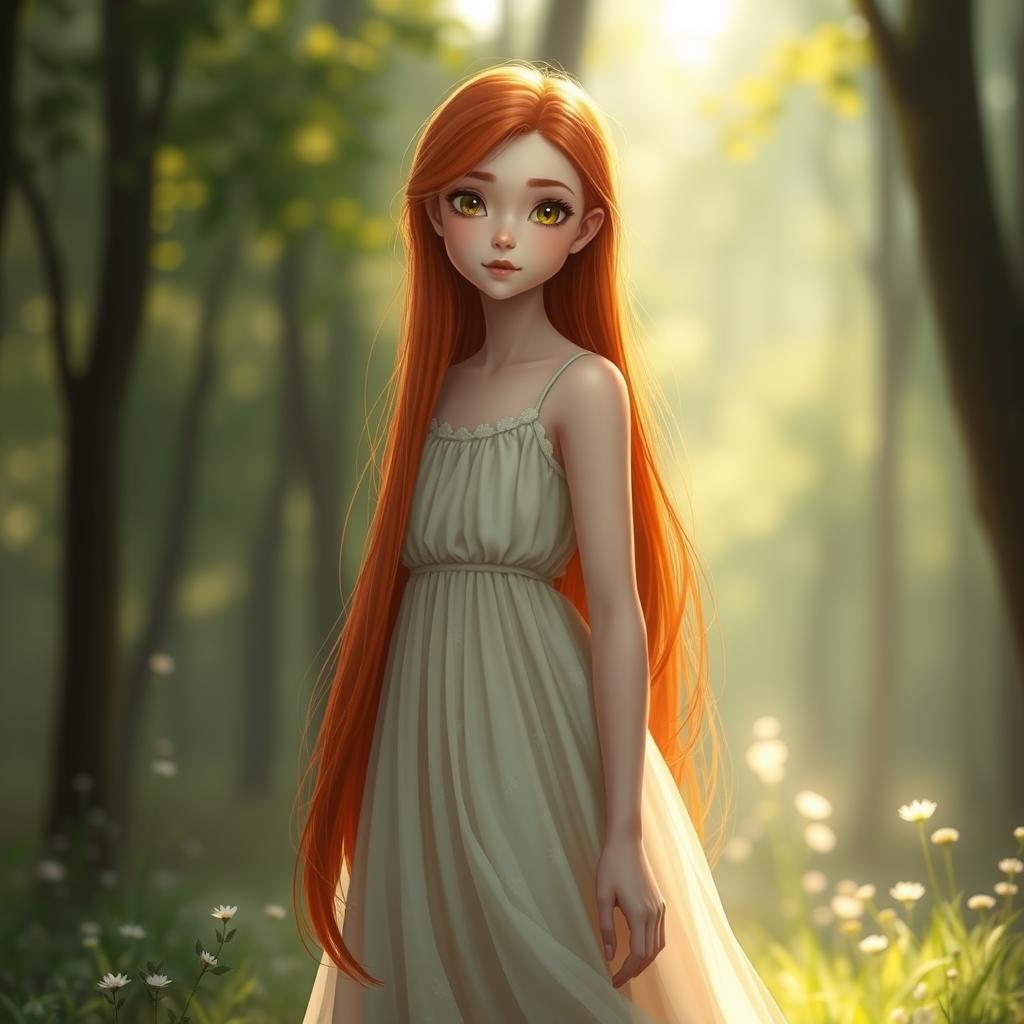 A girl with long red hair, a slim face, and fair skin, standing gracefully in a sunlit forest