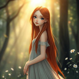 A girl with long red hair, a slim face, and fair skin, standing gracefully in a sunlit forest
