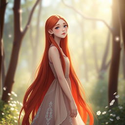 A girl with long red hair, a slim face, and fair skin, standing gracefully in a sunlit forest