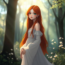 A girl with long red hair, a slim face, and fair skin, standing gracefully in a sunlit forest