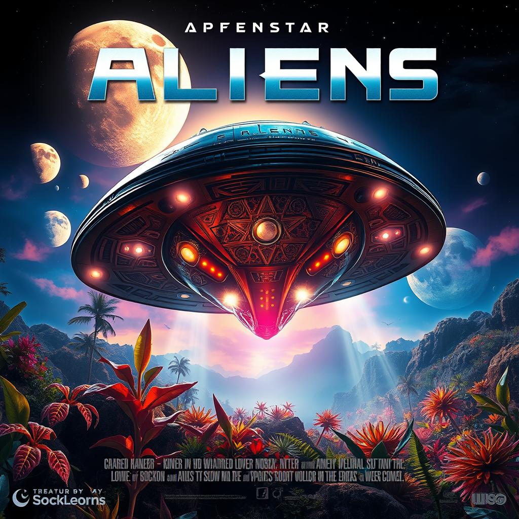 A dramatic movie poster featuring an alien spaceship landing on a vibrant, otherworldly landscape