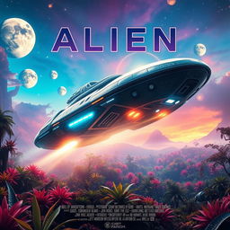 A dramatic movie poster featuring an alien spaceship landing on a vibrant, otherworldly landscape