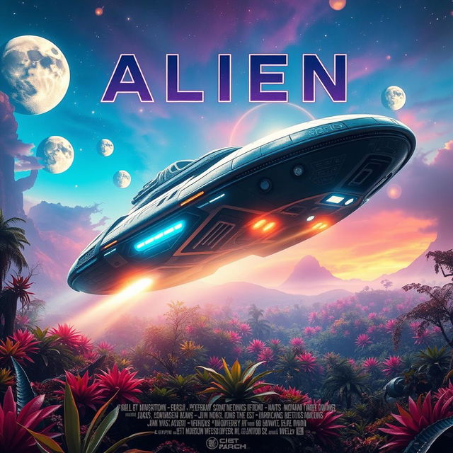 A dramatic movie poster featuring an alien spaceship landing on a vibrant, otherworldly landscape