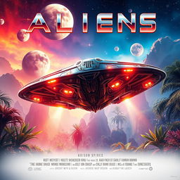 A dramatic movie poster featuring an alien spaceship landing on a vibrant, otherworldly landscape