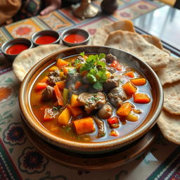 A beautifully arranged plate of Lamb Shurpa, a traditional Central Asian soup made with tender lamb pieces, colorful vegetables like carrots, potatoes, and bell peppers, and fragrant herbs such as coriander and dill