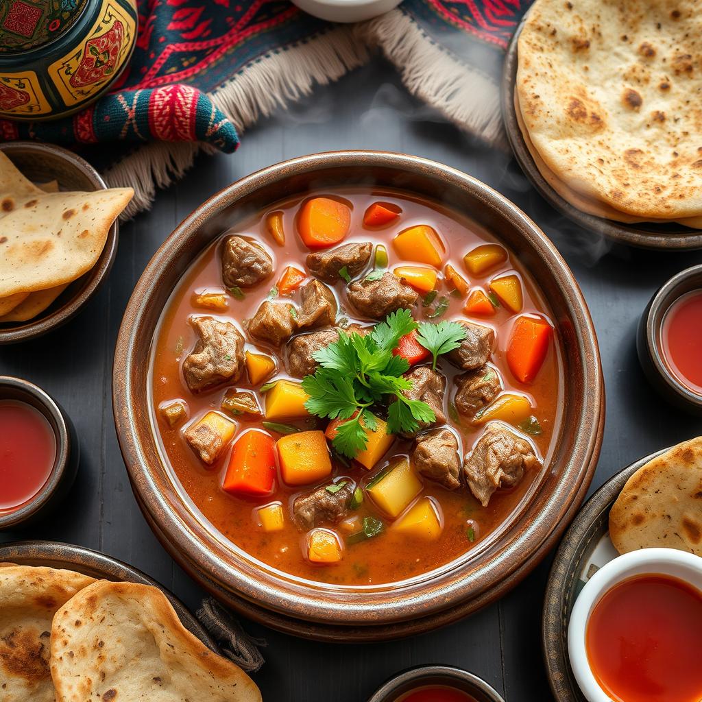 A beautifully arranged plate of Lamb Shurpa, a traditional Central Asian soup made with tender lamb pieces, colorful vegetables like carrots, potatoes, and bell peppers, and fragrant herbs such as coriander and dill
