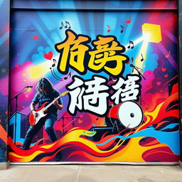 A vibrant and artistic wall mural for a rock band named 'অন্তর্নীল', featuring a dynamic scene of musicians passionately playing guitar and drums against a colorful backdrop